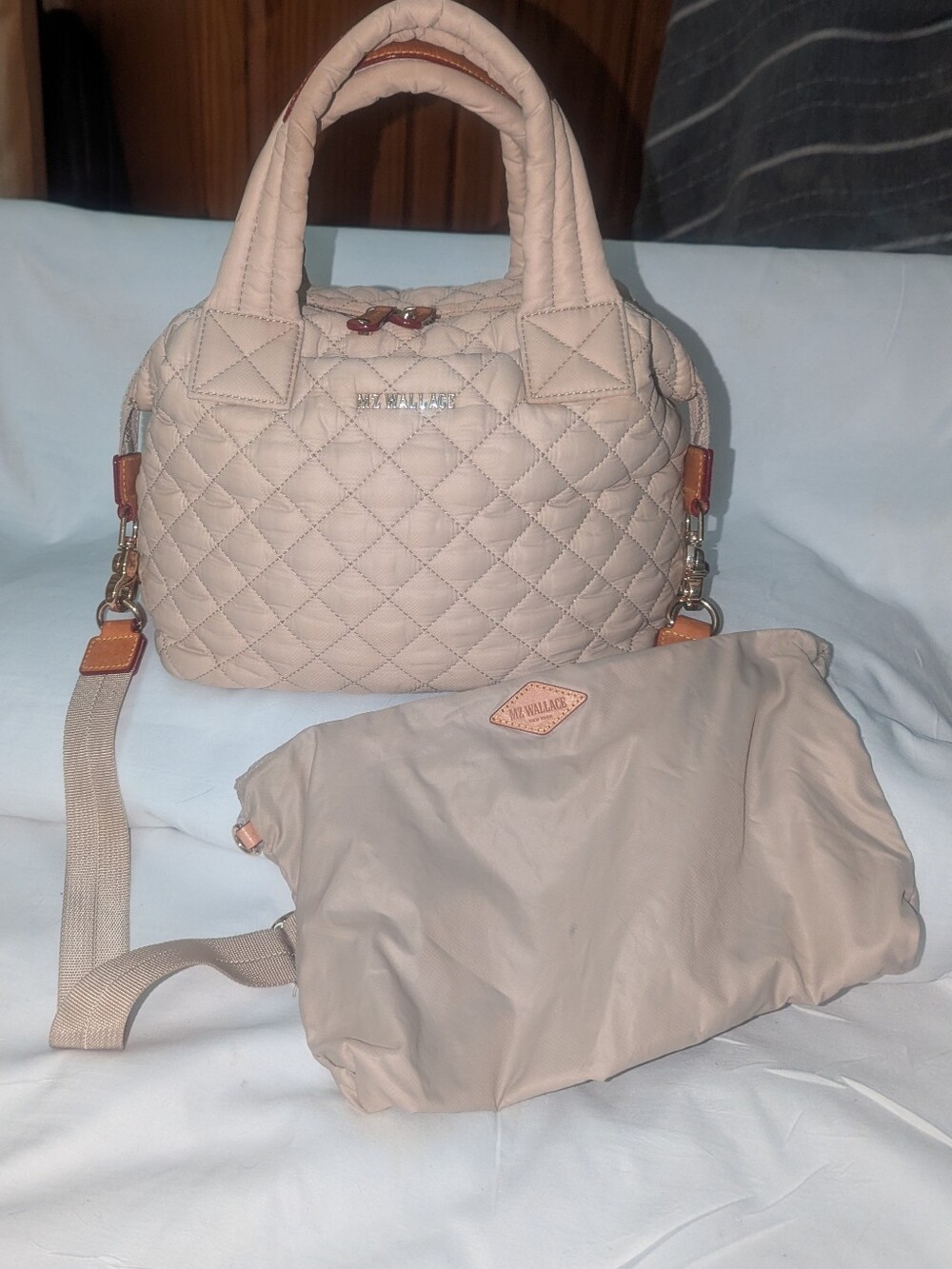 MZ Wallace Small  Quilted Nylon Sutton Deluxe Satchel in Light Beige with Pouch